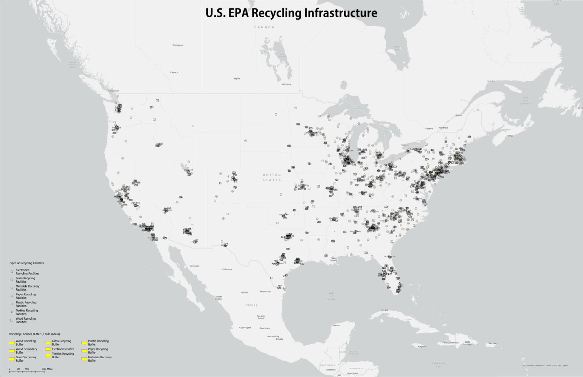 U.S. EPA Recycling Infrastructure — national map showing types of recycling facilities and 3-mile buffer zones
