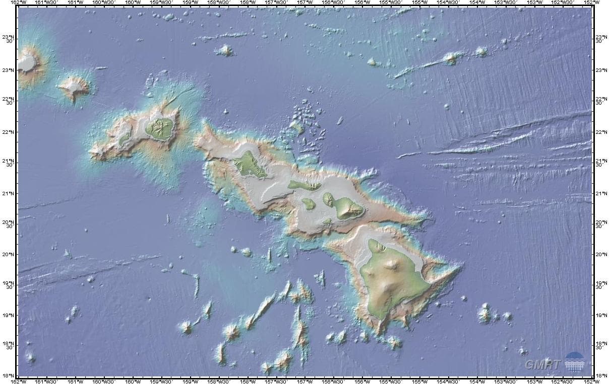 GMRT bathymetry of the Hawaiian Ridge showing volcanic island chain and seamounts