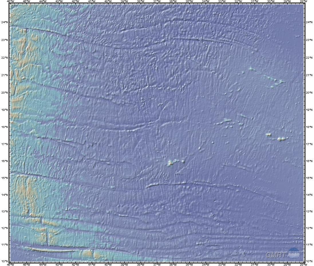 GMRT bathymetry of the Mid-Atlantic Ridge showing multibeam swath data detail